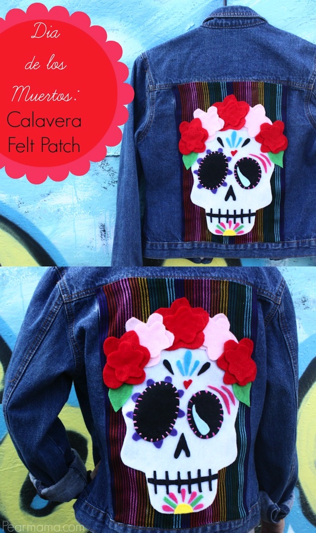 Spruce up your plain denim jacket with this cool sugar skull made out of cut felt shapes to celebrate Dia de los Muertos.