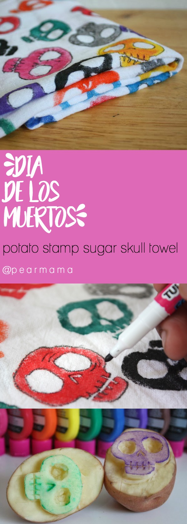 In honor of Dia de los Muertos, make your own sugar skull kitchen toalla (towel) using a potato stamp, fabric paint and a white flour sack towel.