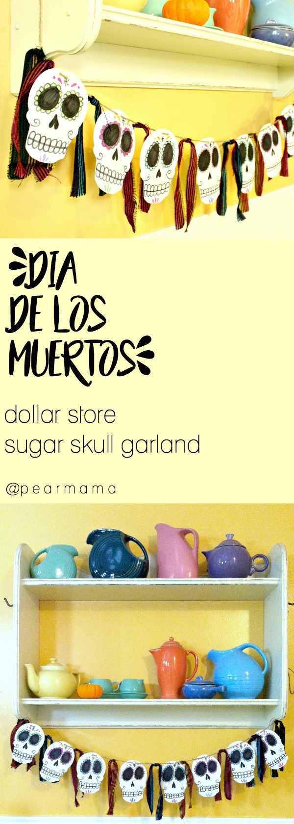 Make this simple Dia de los Muertos-inspired garland made from dollar store foam skulls, jute twine, markers and Mexican fabric.