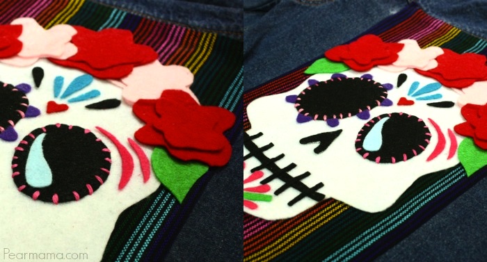 Spruce up your plain denim jacket with this cool sugar skull made out of cut felt shapes to celebrate Dia de los Muertos.