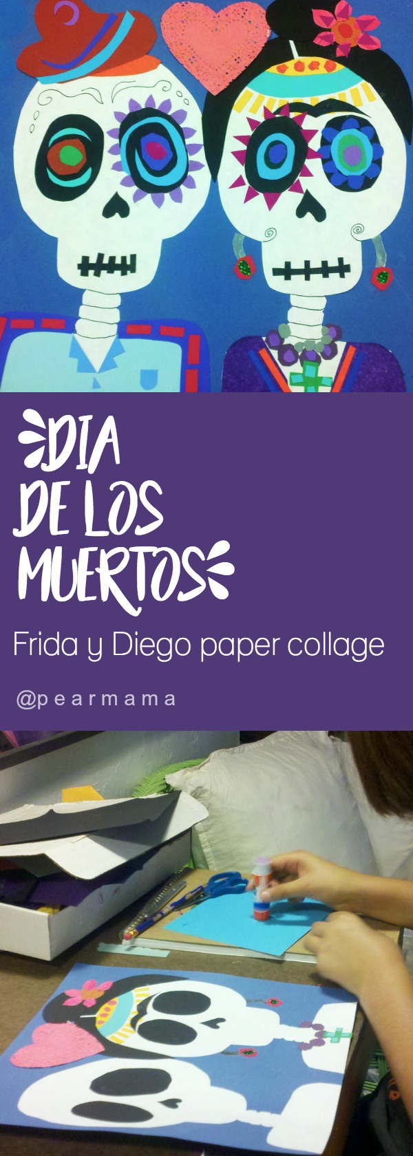 Create your own Frida Kahlo and Diego Rivera paper collage for Dia de los Muertos using colored scrapbook paper, scissors, glue and markers.