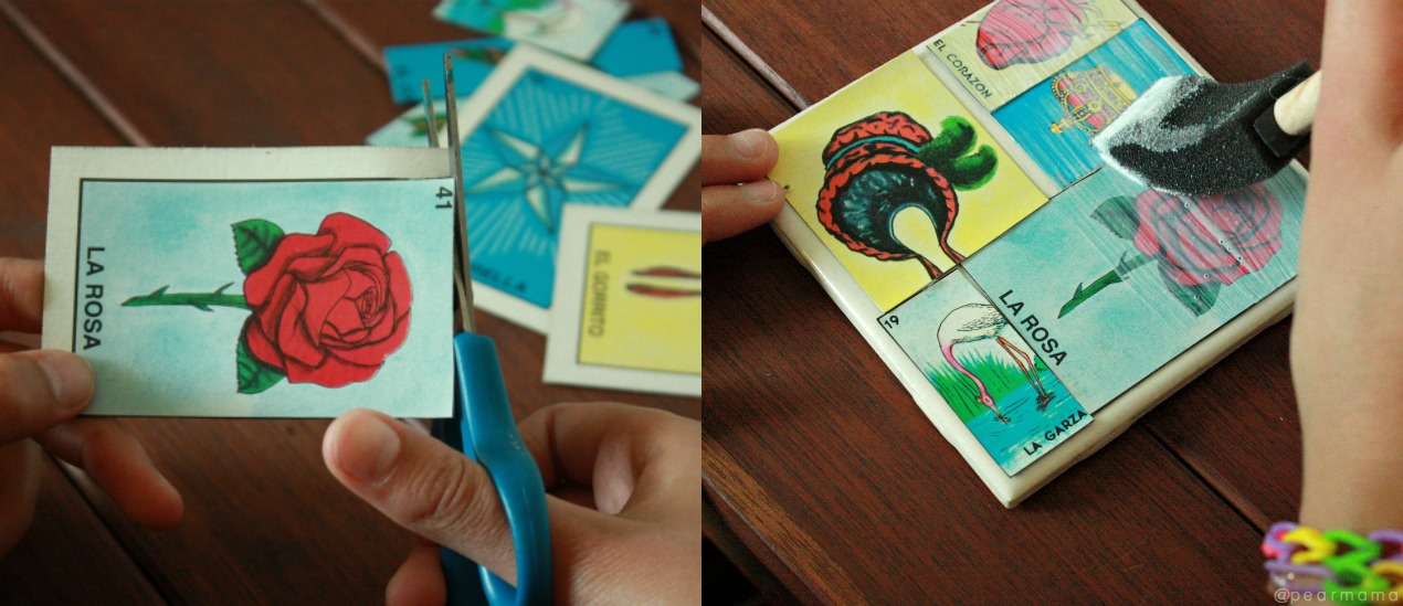 Make your own custom tile coasters using colorful Loteria cards and Mod Podge.