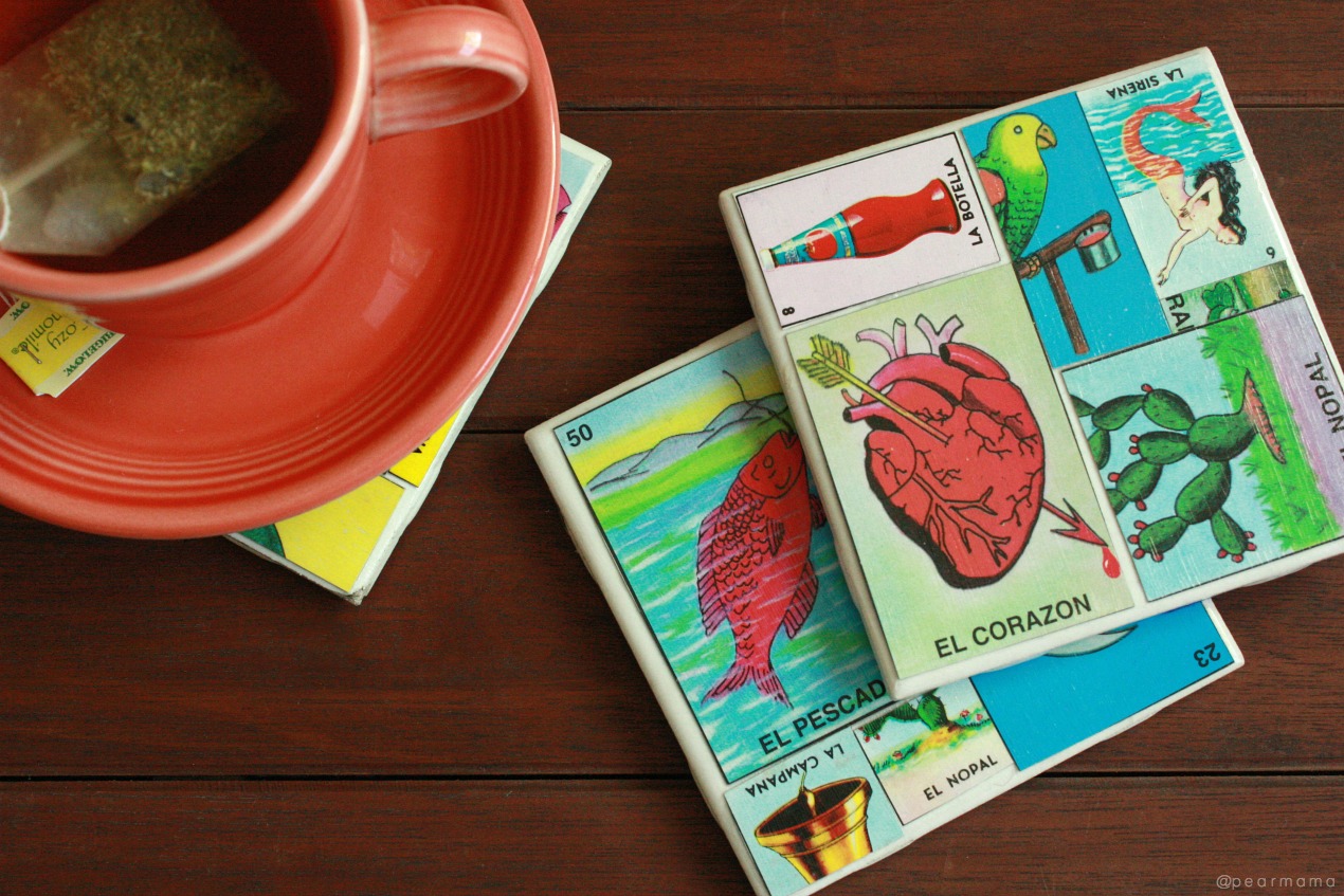 Make your own custom tile coasters using colorful Loteria cards and Mod Podge.