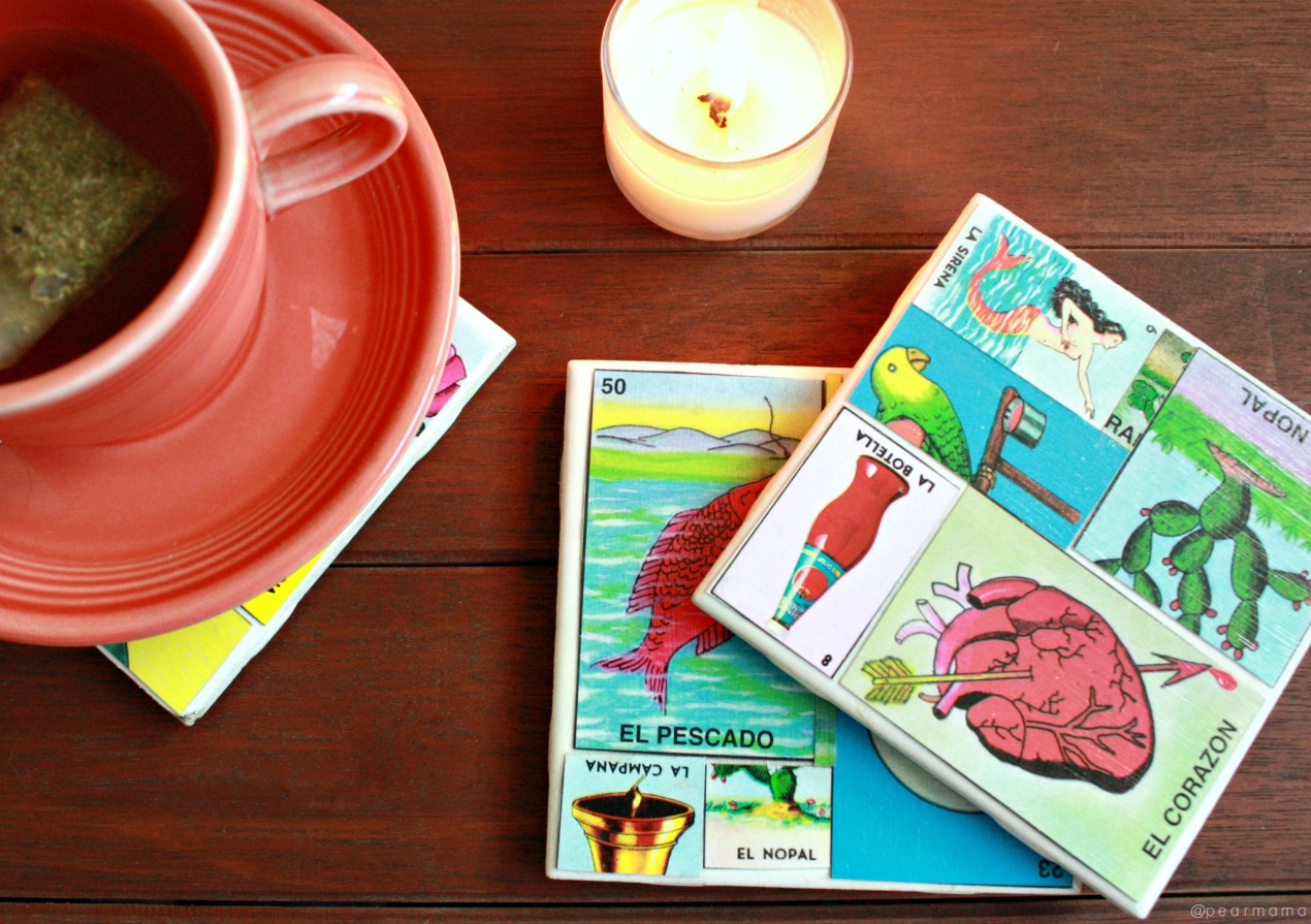 Make your own custom tile coasters using colorful Loteria cards and Mod Podge.