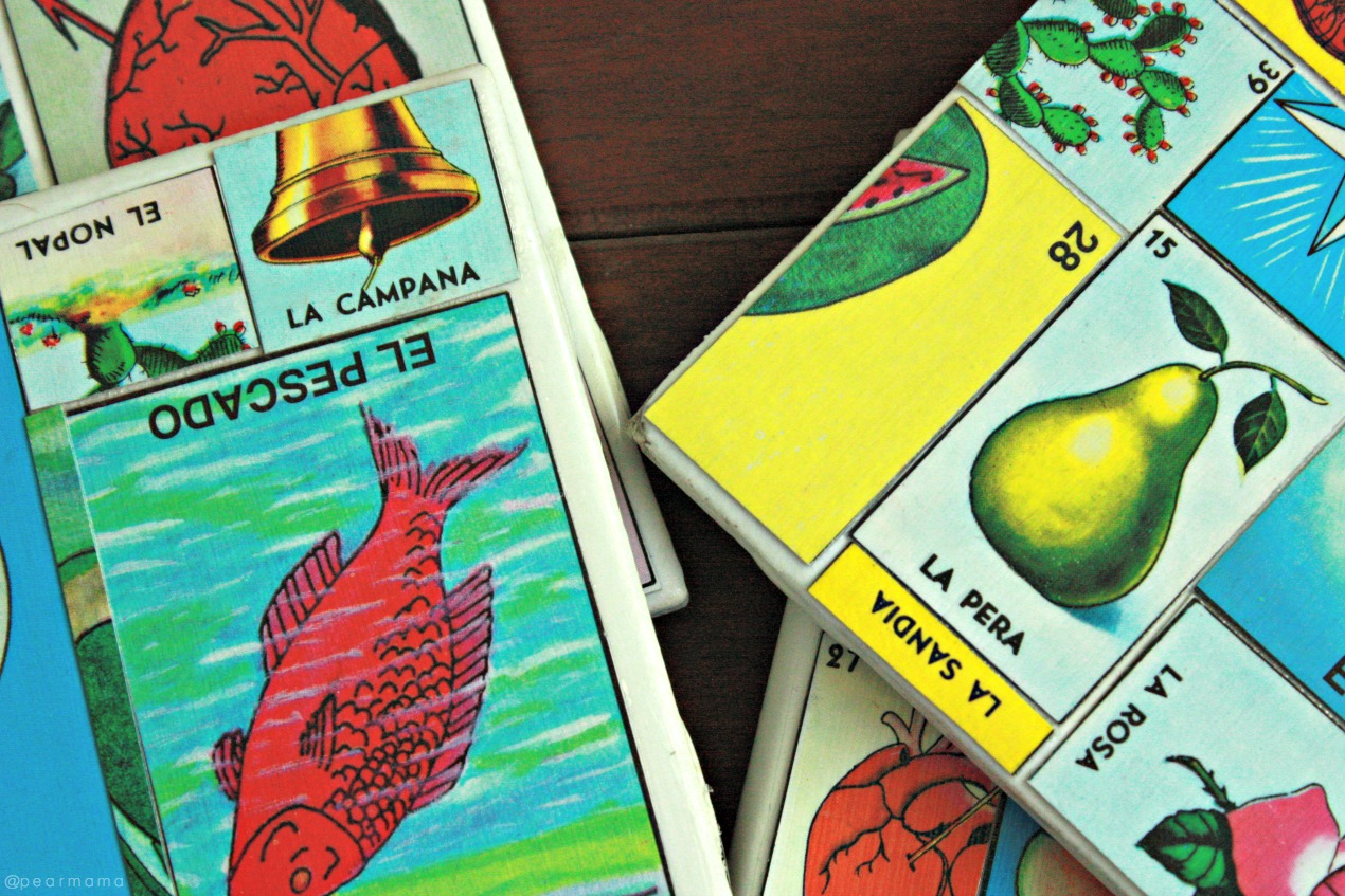 Make your own custom tile coasters using colorful Loteria cards and Mod Podge.