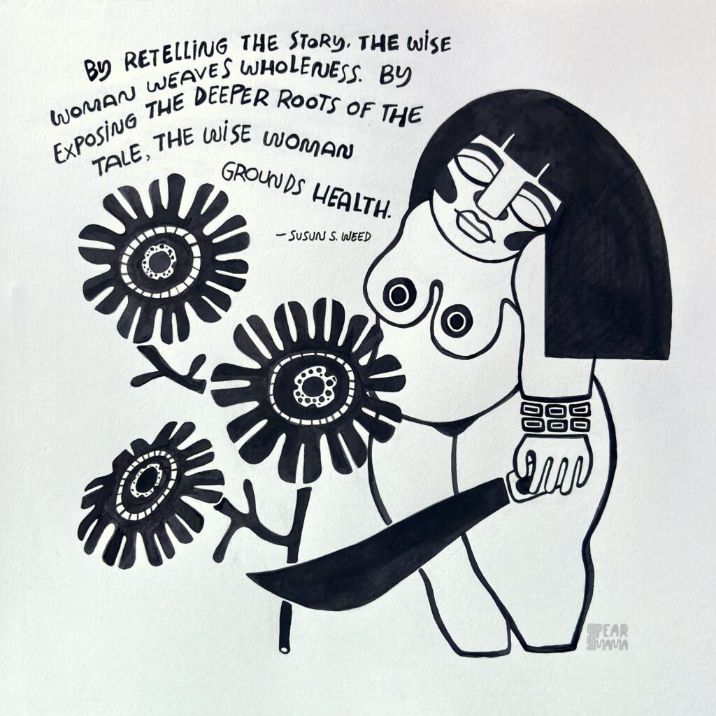 ink drawing femme healing black white pearmama art