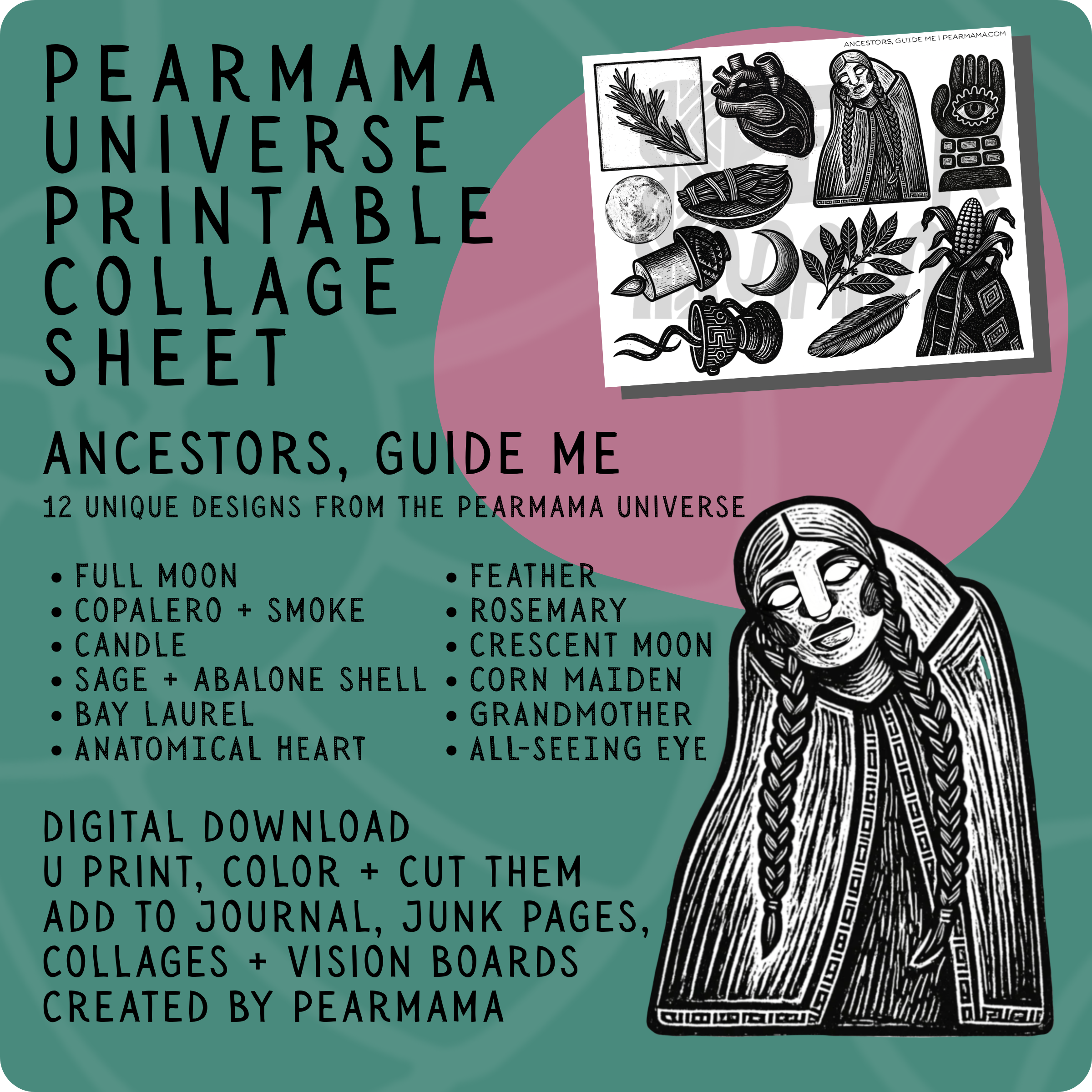 pearmama universe printable collage sheet: ancestors, guide me