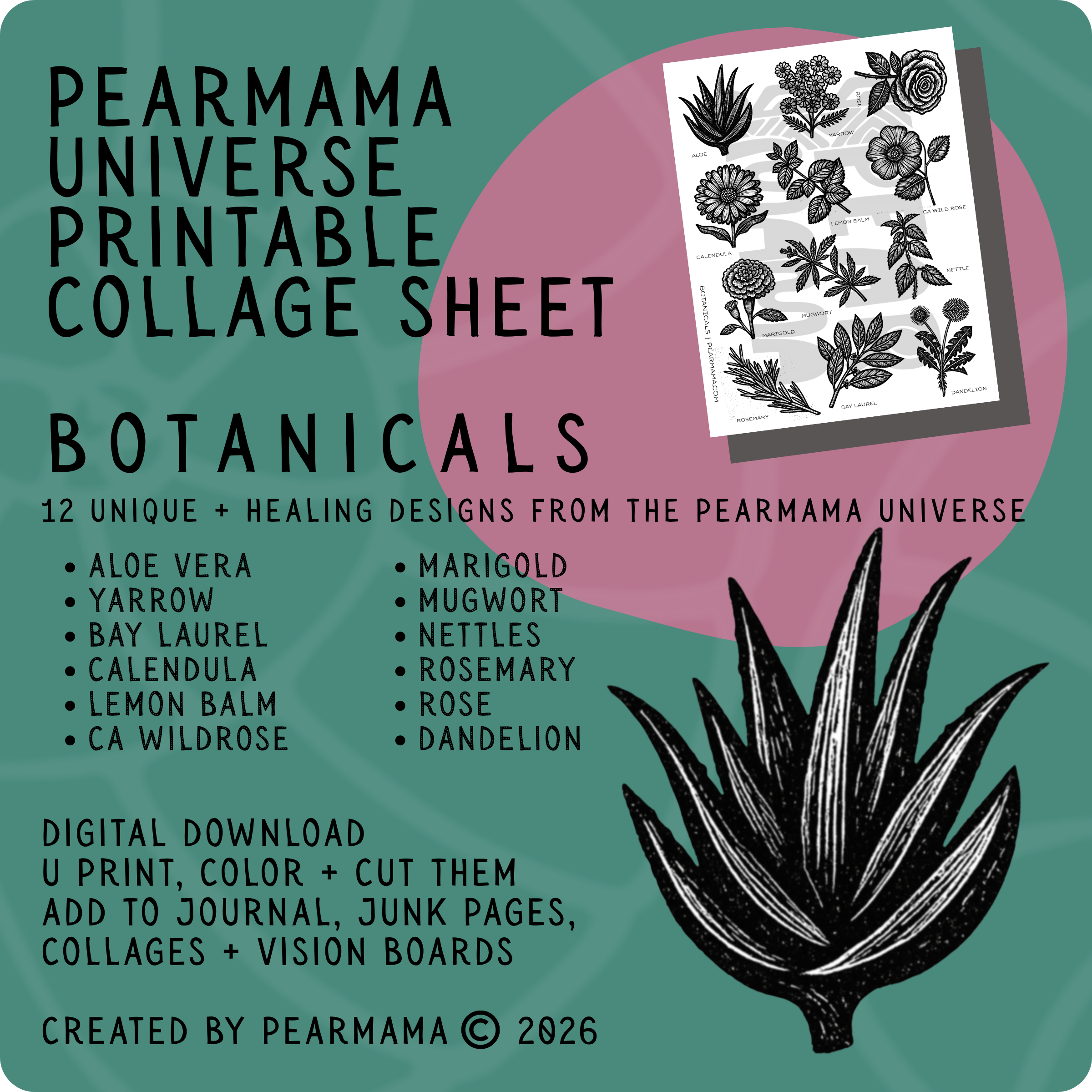 pearmama universe printable collage sheet: botanicals