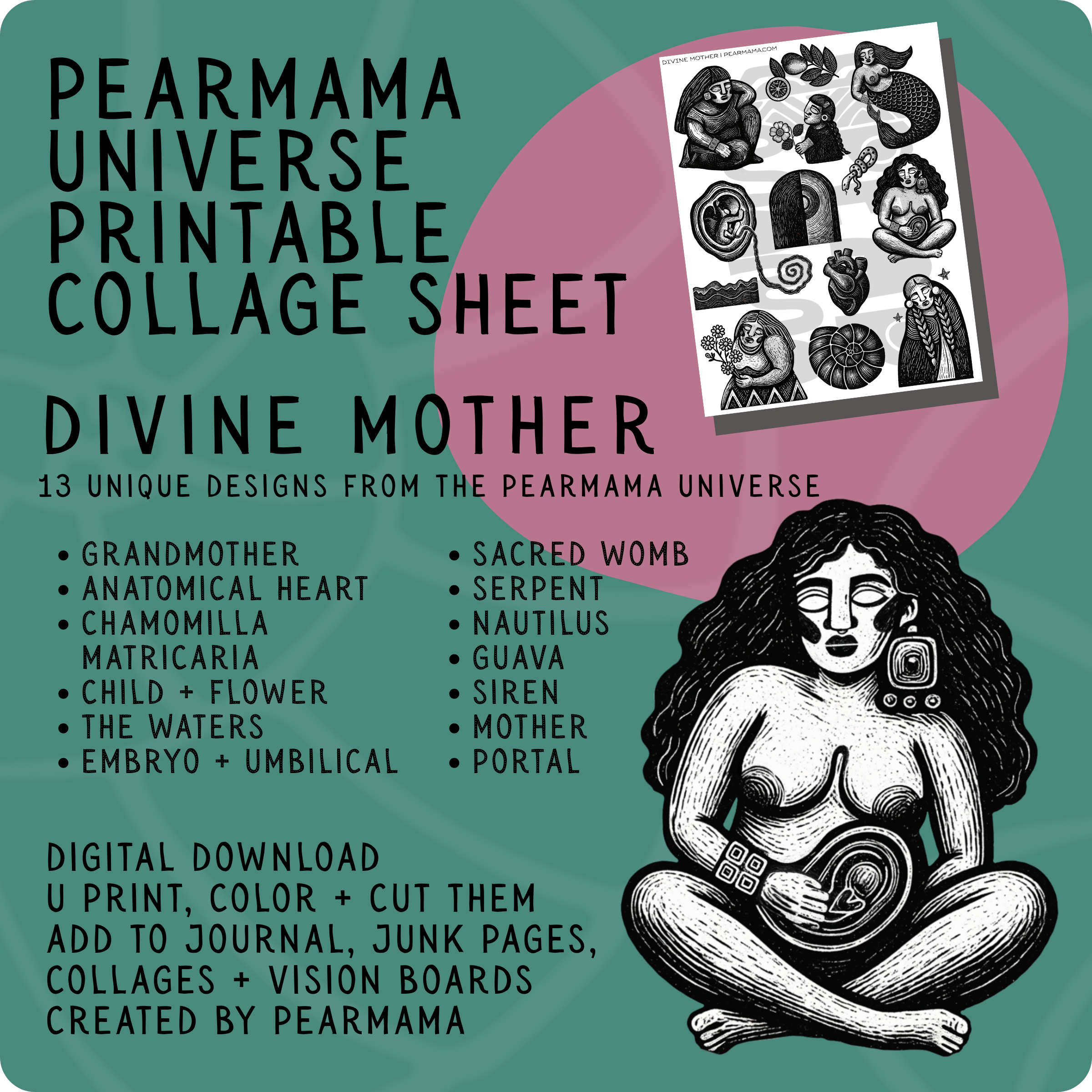 pearmama universe printable collage sheet: divine mother