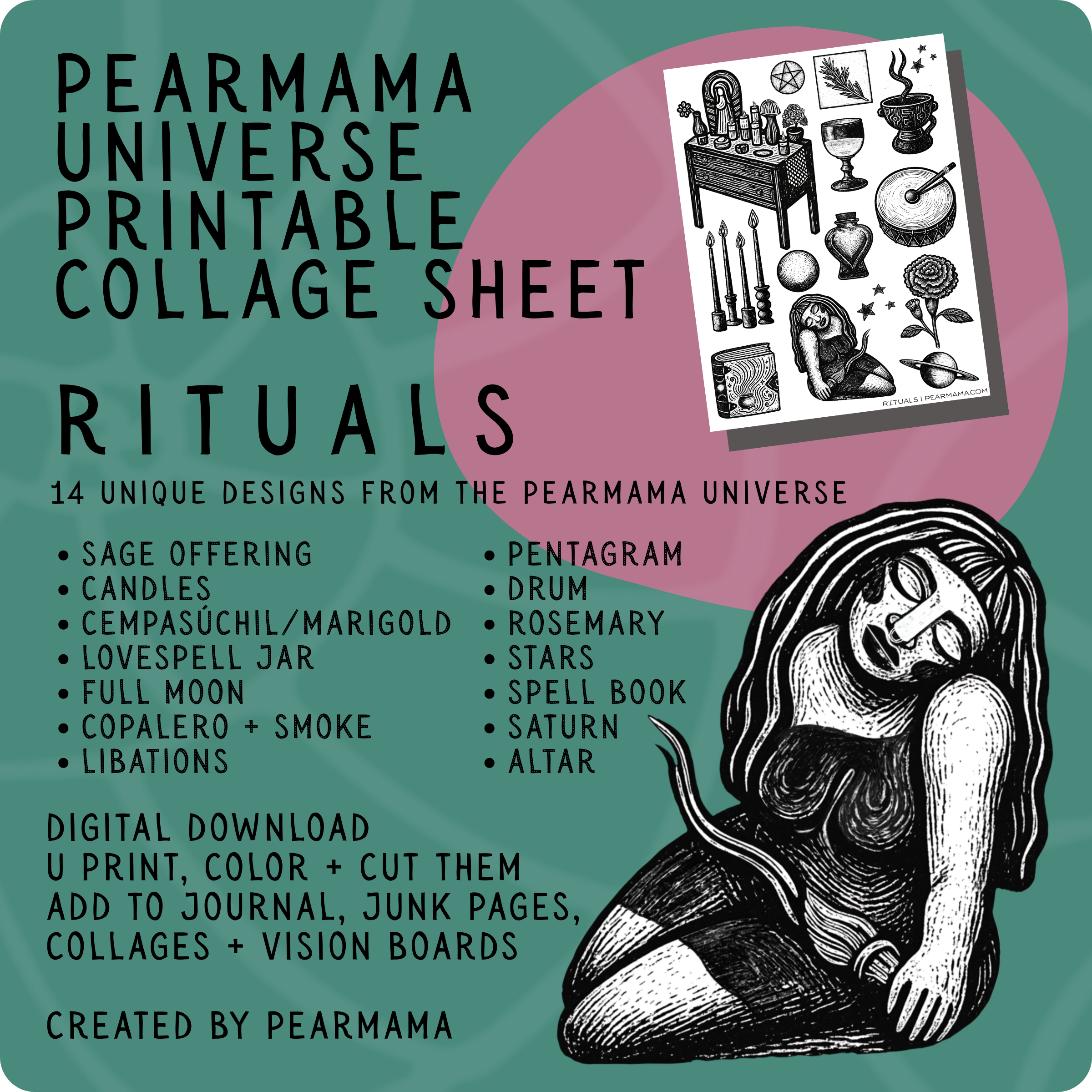 Pearmama universe printable collage sheet: rituals